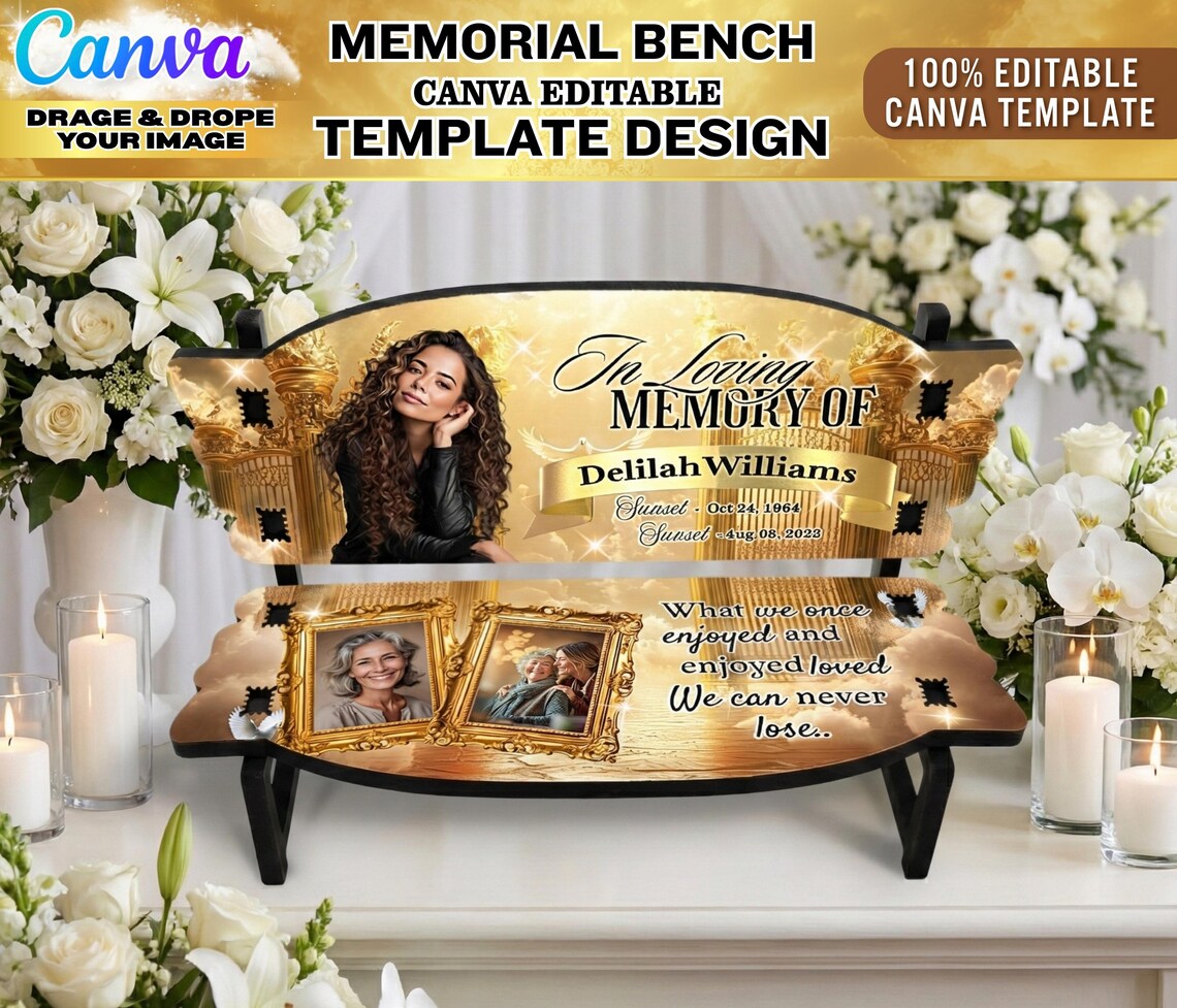 In Loving Memory Bench Templates | Golden Theme Canva Editable Designs ...