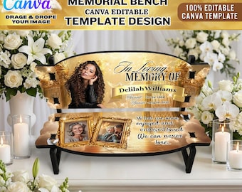 Plantillas de banco conmemorativo / Diseños editables de Canva con temática dorada / Envoltura de banco conmemorativo para funerales y celebraciones de la vida