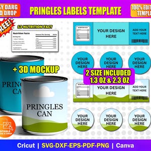 Op de afbeelding: Een sjabloon voor Pringles-labels met verschillende ontwerpopties. Inclusief een 3D-mockup van een Pringles-bus, voedingsfeiten en bewerkbare gebieden voor aangepaste ontwerpen. Twee maten zijn inbegrepen: 37 g en 65 g.