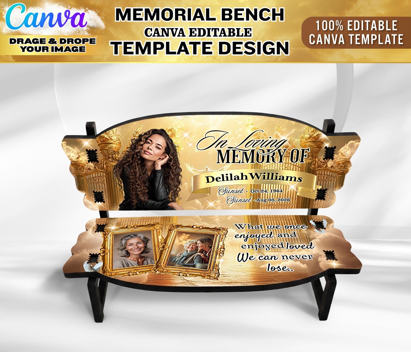 In Loving Memory Bench Templates | Golden Theme Canva Editable Designs ...