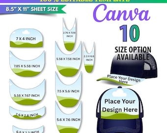 May include: A digital template set for trucker hat brims featuring 10 size options on an 8.5 by 11 inch sheet. The graphic includes various brim shapes with dimensions in inches, two trucker hat illustrations, and text reading TRUCKER HAT BRIM CANVA EDITABLE TEMPLATES, 100% EDITABLE TEMPLATE, 10 SIZE OPTION AVAILABLE, and Place Your Design Here.