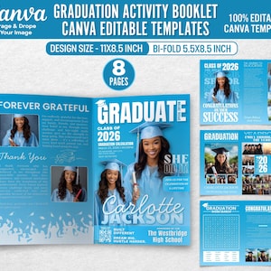 Puede incluir: Una plantilla de folleto de actividades de graduación azul claro con el texto "GRADUATION ACTIVITY BOOKLET CANVA EDITABLE TEMPLATES". El tamaño del diseño es de 27,9 x 21,6 cm, plegado 14 x 21,6 cm. El folleto tiene 8 páginas.
