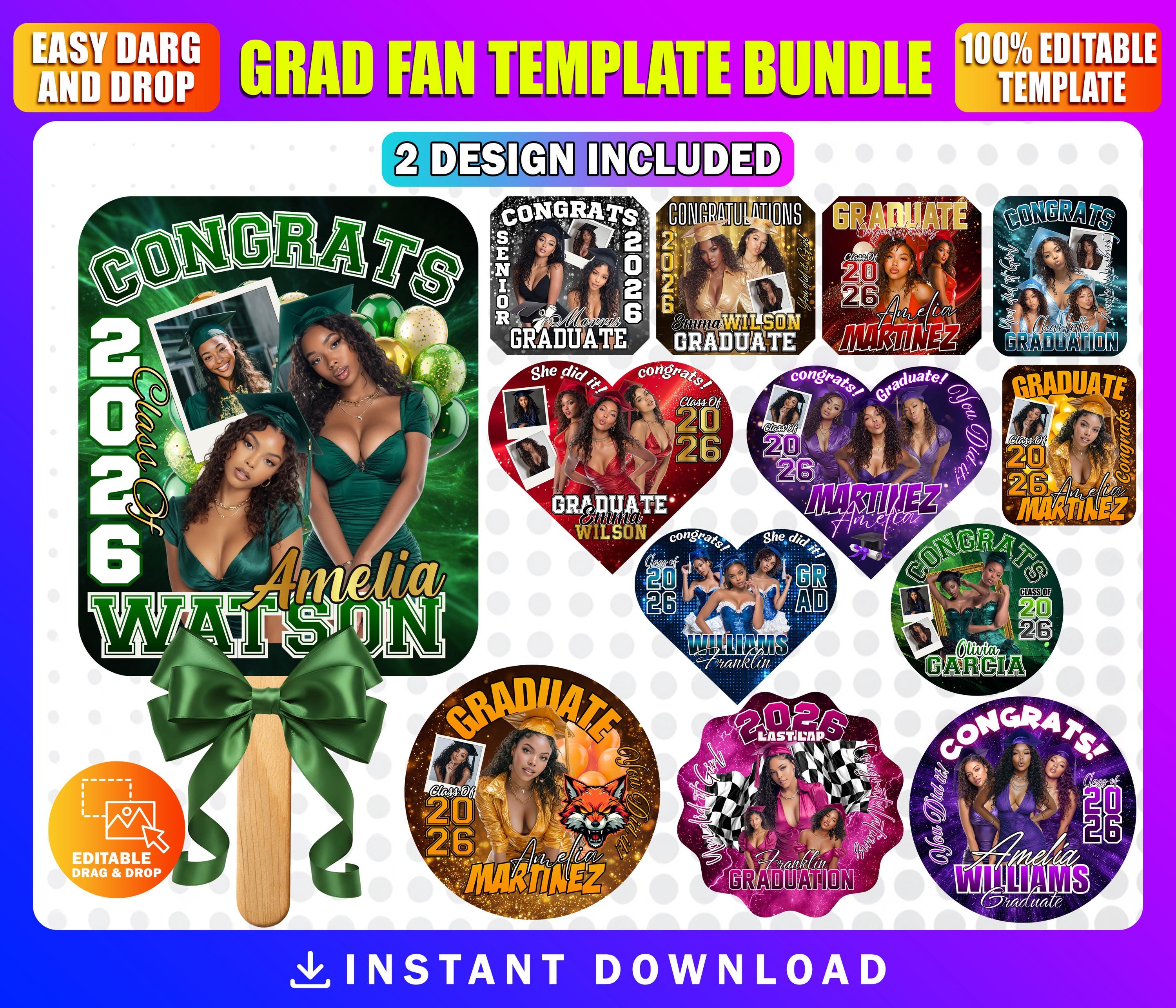 12x Grad Fan Template Bundle | Graduation Fans Canva Template ...