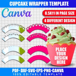Könnte beinhalten: Eine digitale Cupcake-Wrapper-Vorlage mit dem Canva-Logo. Das Design umfasst verschiedene Wrapper-Stile in Pink, Weiß und Grün mit Herz- und Wellenkanten. Die Vorlage ist 8,5x11 Zoll groß und bietet vier verschiedene Designs. Der Text lautet "PLACE YOUR DESIGN HERE".