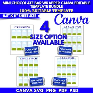 May include: A digital template bundle for mini chocolate bar wrappers, featuring four layout options on 8.5 inch by 11 inch sheets. The templates include sizes 1.75 by 3.5, 1.5 by 2.75, 1.45 by 3.5, and 1.5 by 3 inches, with blue placeholder bars.