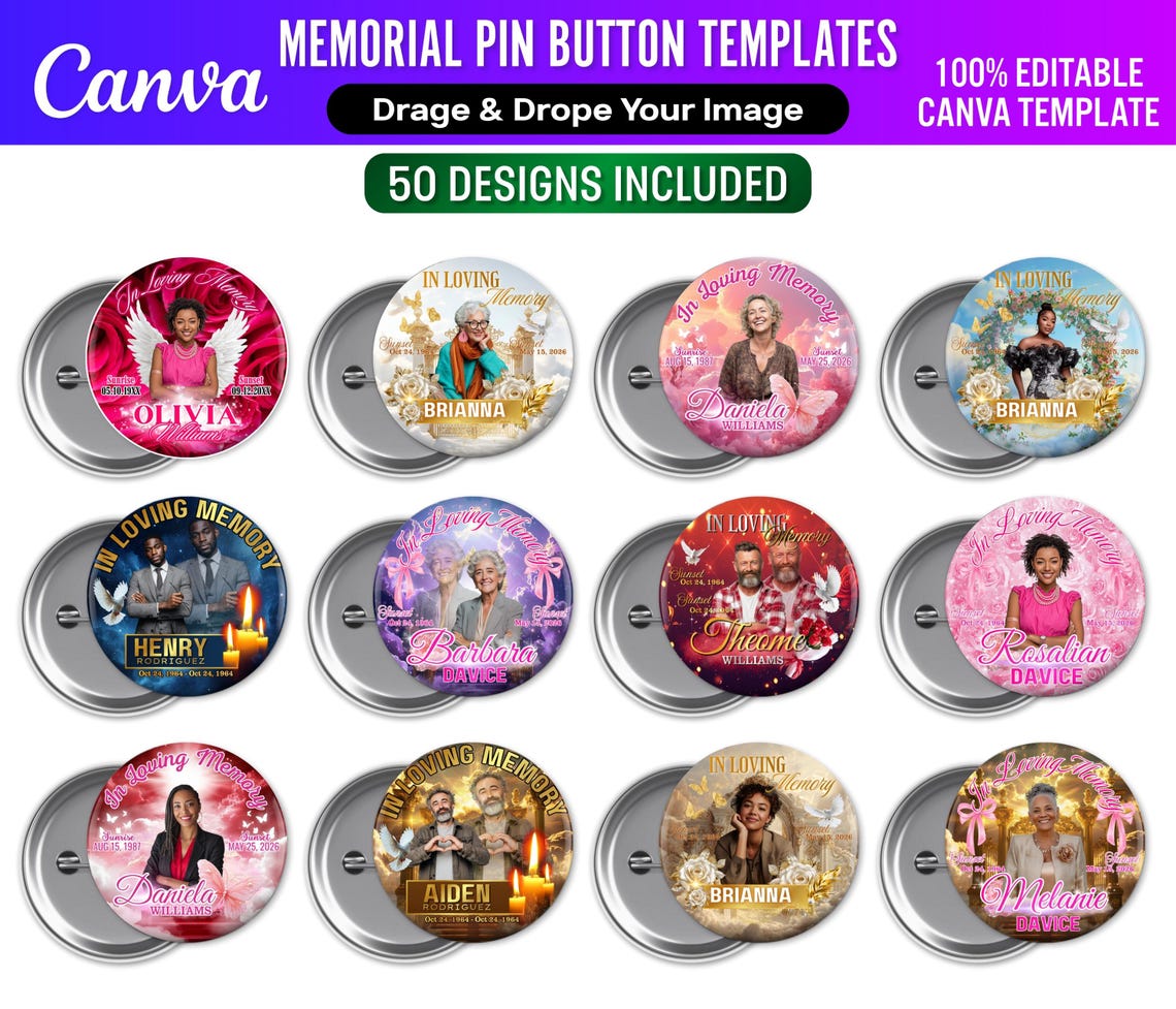 50x Long Live Pin Button Canva Editable Templates | Funeral Memorial ...
