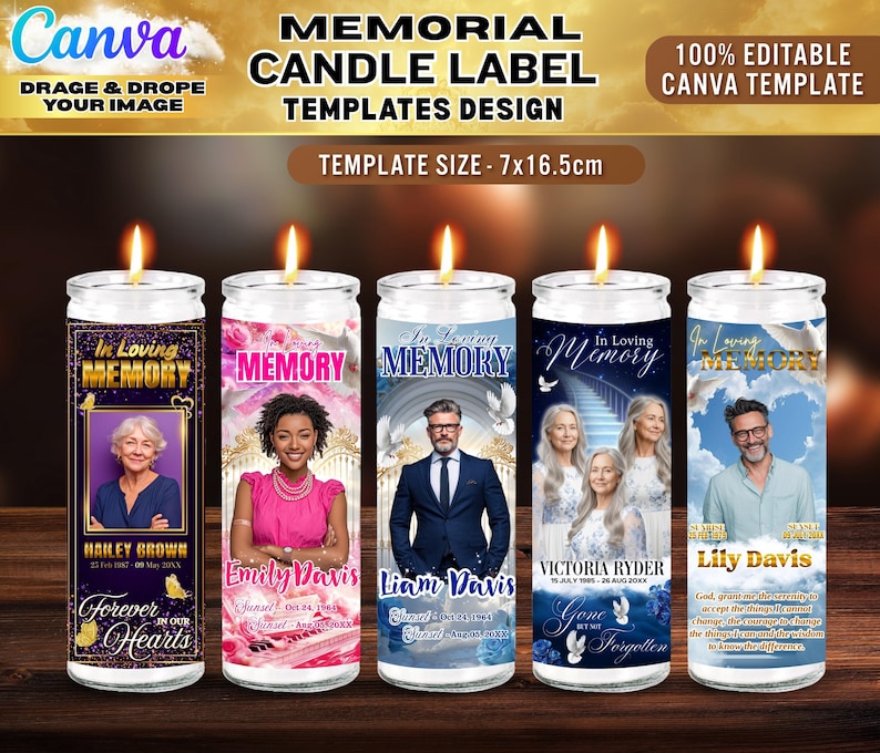 May include: Memorial candle label templates design. The image shows five lit candles with personalized labels. Each label features a photo, name, and dates, with the words "In Loving Memory" and other text. The template size is 7x16.5cm.