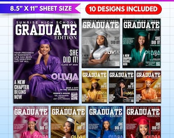 Pode incluir: Um pacote de modelos de revistas de formatura com 10 designs Canva editáveis. Cada capa de revista apresenta um graduado em traje e chapéu. As capas incluem o texto "Graduate Edition", "She Did It!" e "A New Chapter Begins Now". Tamanho da folha: 21,59 cm x 27,94 cm.