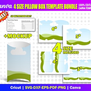 May include: A digital template bundle for pillow boxes, featuring four sizes: 3", 4", 5", and 6" (7.6, 10.2, 12.7, and 15.2 cm). The design includes a mockup and a nutrition facts label. The template is editable in Canva and compatible with Cricut and other cutting machines.