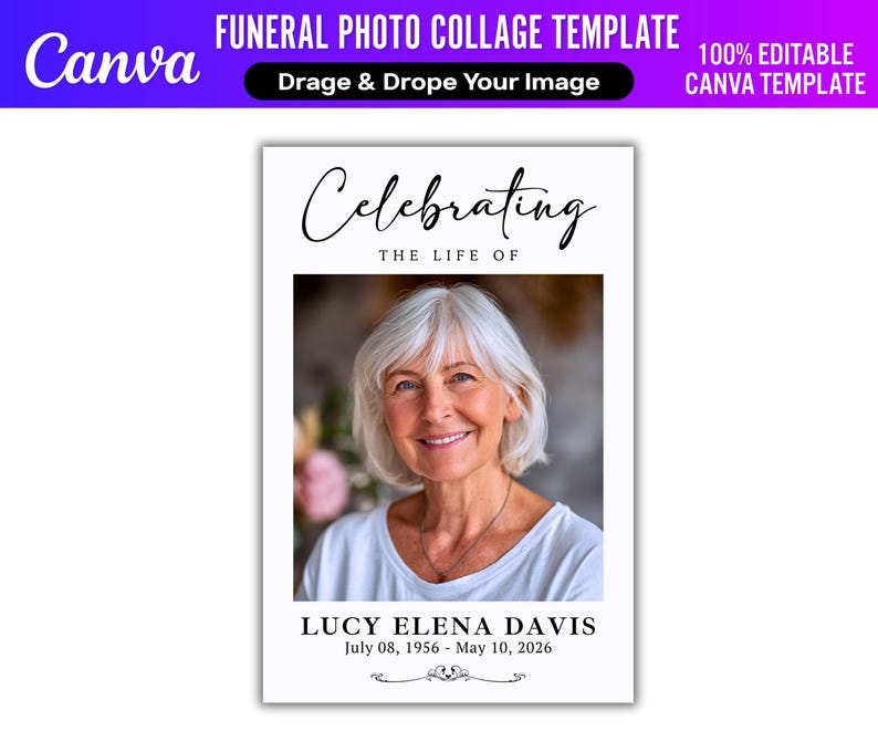 Pu&ograve; includere: Un modello di collage fotografico funebre con il testo "Celebrating the Life of" e il nome "Lucy Elena Davis" con le sue date di nascita e di morte. Il modello include una foto di una donna sorridente con i capelli bianchi. Il logo Canva si trova in alto a sinistra.