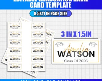 Plantilla de tarjeta de nombre de graduación editable / Tarjetas de nombre de graduación imprimibles de la clase de 2026 / Tarjetas de nombre personalizadas para graduados (Canva editable)