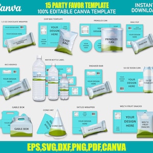 15x Party Favor Template Bundle | Chip-Tasche, Schokoladentafel, Pringles Wrap, Wasserflaschenetikett | Bearbeitbares Leinwand SVG-Set