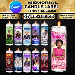 May include: A collection of memorial candle label templates with the text "MEMORIAL CANDLE LABEL TEMPLATES DESIGN". The labels feature various designs with photos and the word "MEMORY". The image also includes the text "25 DESIGNS INCLUDED".