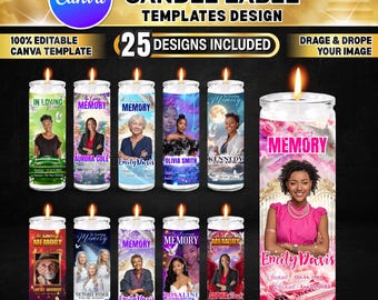 May include: A collection of memorial candle label templates with the text "MEMORIAL CANDLE LABEL TEMPLATES DESIGN". The labels feature various designs with photos and the word "MEMORY". The image also includes the text "25 DESIGNS INCLUDED".