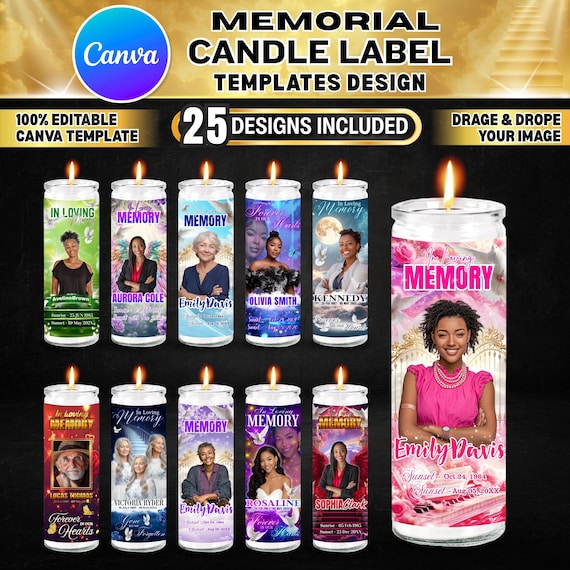 25X Memorial Candle Light Label Canva Editable Template | Stairway to Heaven Remembrance Candle Wrap | Custom RIP Candle Label Design