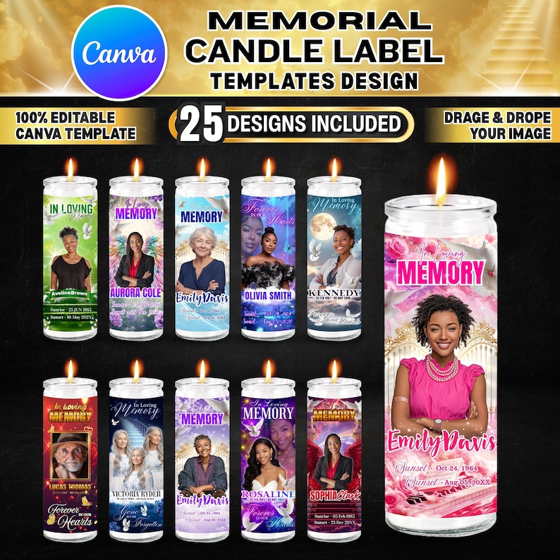 May include: A collection of memorial candle label templates with the text "MEMORIAL CANDLE LABEL TEMPLATES DESIGN". The labels feature various designs with photos and the word "MEMORY". The image also includes the text "25 DESIGNS INCLUDED".