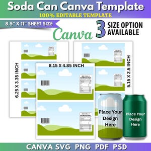 Op de afbeelding: Een digitale sjabloon voor frisdrankblikjes, met meerdere labelformaten en blikjes-mockups. Het ontwerp bevat de tekst "Soda Can Canva Template" en "100% Editable Template". De bladgrootte is 21,6 cm x 27,9 cm, met 3 maatopties.