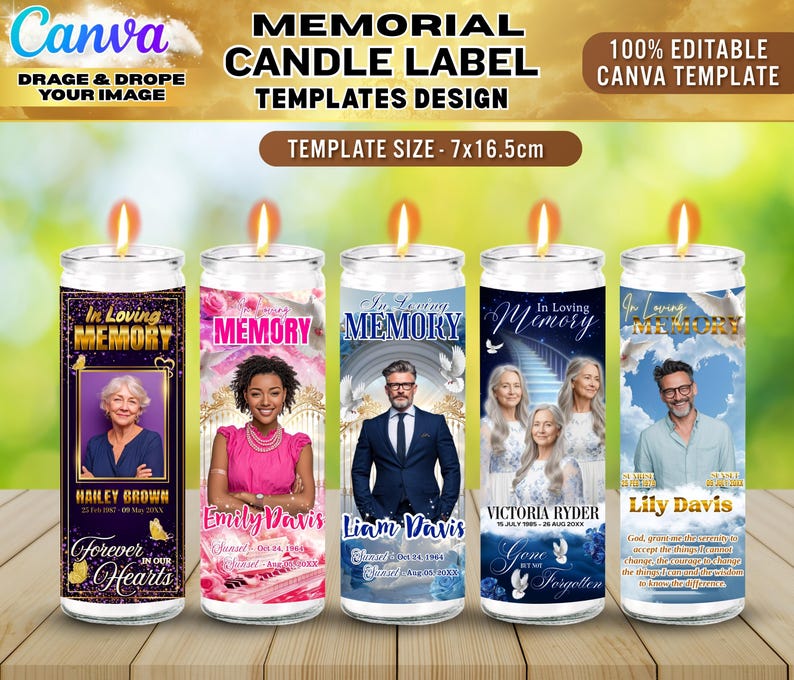 25X Memorial Candle Light Label Canva Editable Template | Stairway to Heaven Remembrance Candle Wrap | Custom RIP Candle Label Design image 5