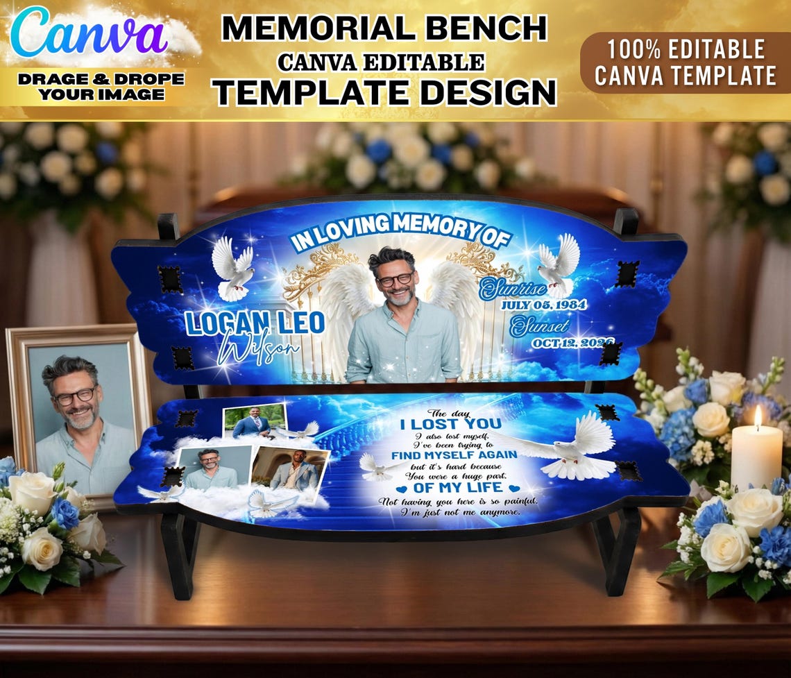 In Loving Memory Bench Templates | Blue Theme Canva Editable Designs ...