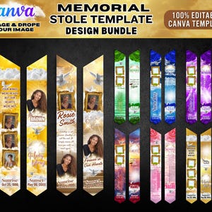May include: A collection of memorial stole templates with various designs. Each template features a photo frame, text, and decorative elements like doves and clouds. The templates are in different color schemes, including yellow, green, blue, and purple.