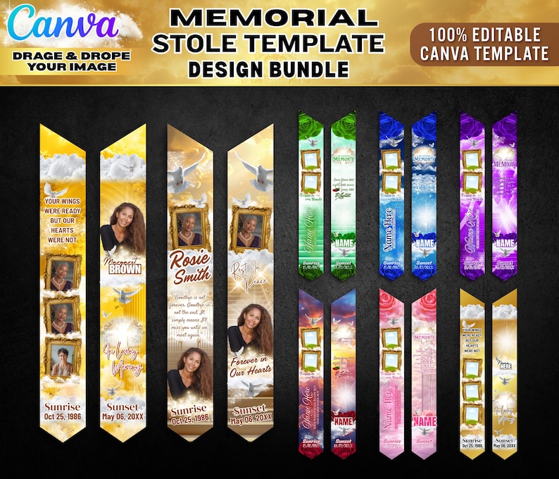 May include: A collection of memorial stole templates with various designs. Each template features a photo frame, text, and decorative elements like doves and clouds. The templates are in different color schemes, including yellow, green, blue, and purple.