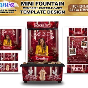 May include: A memorial template design with the text "Mini Fountain" and "Memorial Editable Canva Template Design." The design includes images of a woman, roses, and text that reads "Rosaline" and "In Loving Memory."