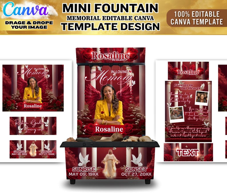 May include: A memorial template design with the text "Mini Fountain" and "Memorial Editable Canva Template Design." The design includes images of a woman, roses, and text that reads "Rosaline" and "In Loving Memory."
