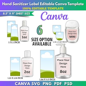 Puede incluir: Plantilla digital para etiquetas de desinfectante de manos, con seis opciones de tamaño. El diseño incluye etiquetas para botellas de 1 oz, 2 oz y 8 oz, además de un tamaño mini. La plantilla es editable en Canva y está disponible en formatos SVG, PNG, PDF y PSD.