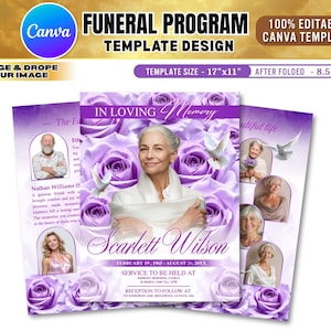 May include: A funeral program template design with a purple and white floral background. The front features a photo of a woman, the text "In Loving Memory," and the name "Scarlett Wilson." The template size is 43cm x 28cm.