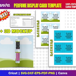 May include: A perfume display card template with a 3D mockup. The design includes a pop-up card with a perfume bottle illustration, and cards with space to add your design. The template is 100% editable in Canva.