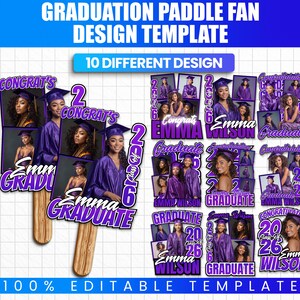 May include: A collection of graduation paddle fan design templates in purple and white. Each fan features photos of graduates, the text "Emma Wilson Graduate," and the year "2026." The design includes the text "Congrats."