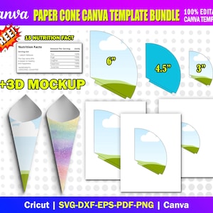 Puede incluir: Un paquete de plantillas de conos de papel Canva con una maqueta 3D. El paquete incluye plantillas en varios tamaños: 15,2 cm, 11,4 cm y 7,6 cm. El diseño presenta un tema de cielo y paisaje. El texto incluye "15 Nutrition Fact" y "100% Editable Canva Template".
