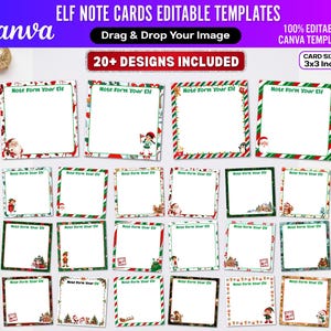 May include: A collection of 20+ square 3x3 inch note card templates featuring Christmas-themed borders and the text Note Form Your Elf. The digital templates are editable in Canva and include various festive illustrations like Santa and elves.
