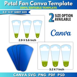 May include: A digital template for petal fans, featuring a blue and white sky design with green accents. The template offers two size options: 2.9 x 5.6 inches and 3.2 x 7 inches. The text includes "Petal Fan Canva Template" and "100% Editable Template".