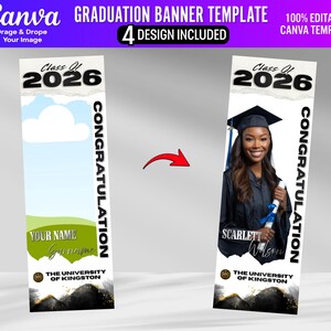 May include: A graduation banner template with two design options. One banner features a photo of a graduate in a cap and gown, holding a diploma. The other banner has space for a name and a background of clouds and grass. Both banners say "Class of 2026".