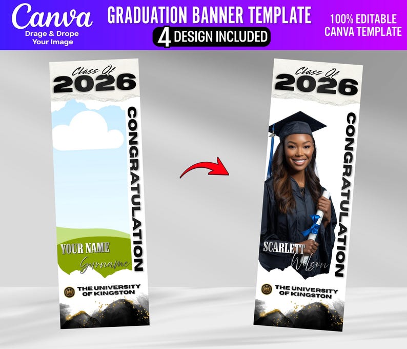 May include: A graduation banner template with two design options. One banner features a photo of a graduate in a cap and gown, holding a diploma. The other banner has space for a name and a background of clouds and grass. Both banners say "Class of 2026".