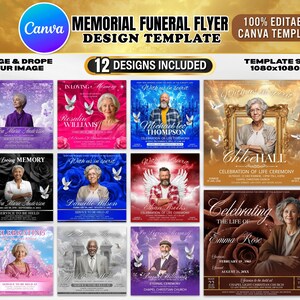 May include: A Canva template for memorial funeral flyers. The design includes 12 templates with various color schemes and layouts. Each template features a photo and text for personalization. The template size is 1080x1080px.