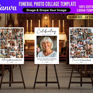 Pu&ograve; includere: Tre modelli di collage fotografici funebri su cavalletti di legno. I modelli includono un collage di foto, il testo "Always Remembered", "Celebrating the Life of Lucy Elena Davis" e "Forever Cherished". Le dimensioni sono 61cm x 91cm.