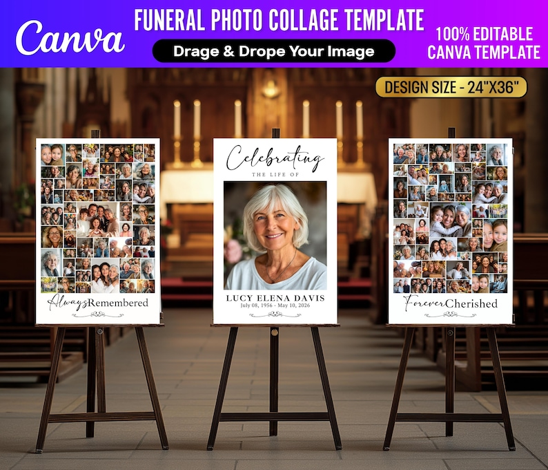 Pu&ograve; includere: Tre modelli di collage fotografici funebri su cavalletti di legno. I modelli includono un collage di foto, il testo "Always Remembered", "Celebrating the Life of Lucy Elena Davis" e "Forever Cherished". Le dimensioni sono 61cm x 91cm.