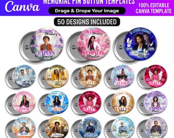 50x Memorial Pin Button Templates | Editable Canva Funeral Favors | RIP Memorial Pin Button Designs Digital Download