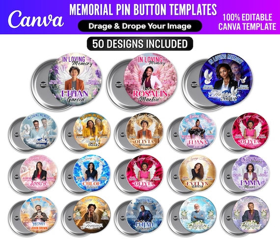 50x Memorial Pin Button Templates | Editable Canva Funeral Favors | RIP Memorial Pin Button Designs Digital Download