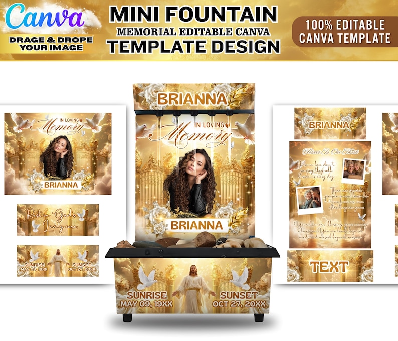 May include: A memorial fountain template design with the text "Mini Fountain Memorial Editable Canva Template Design". The design includes a photo of a woman, the name "Brianna", and the words "In Loving Memory".
