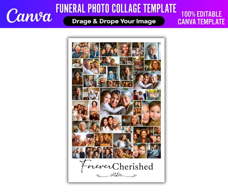 Pu&ograve; includere: Un modello Canva bianco per un collage di foto funebri. Il modello presenta una griglia di foto, con il testo "Funeral Photo Collage Template" e "Drag & Drop Your Image". Le parole "Forever Cherished" sono in basso.