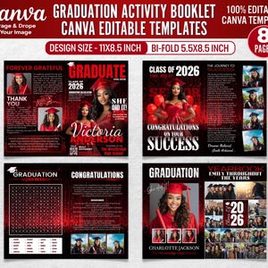 May include: A graduation activity booklet template with a red and black design. The booklet includes photos of graduates, congratulatory messages, and a word search. The design size is 11x8.5 inches, bi-fold 5.5x8.5 inches, and is 100% editable.