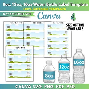 Può includere: Un modello di etichetta per bottiglia d'acqua con il testo "8oz, 12oz, 16oz Water Bottle Label Template" e "100% Editable Template". L'immagine include modelli di etichette di varie dimensioni, insieme a tre bottiglie d'acqua etichettate 8oz, 12oz e 16oz.