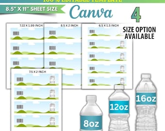 8oz, 12oz, 16oz Water Bottle Label Template, Water Bottle Label Editable Canva Template, Water Bottle Sticker Template, DIY Packaging Labels