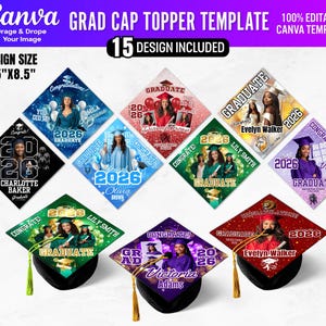 Puede incluir: Una plantilla de Canva para adornos de gorras de graduación, con 15 diseños. Cada diseño mide 21,6 cm x 21,6 cm e incluye espacio para una foto y el nombre y el año del graduado. Los adornos son de varios colores y estilos.