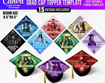 15x Graduation Cap Topper Canva Editable Designs | Canva Photo Strip Graduation Cap Topper Templates | Personalized Senior Cap DIY Bundle