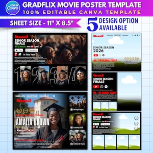 May include: A Canva template for a Gradflix movie poster, featuring five design options. The template includes text that reads "Senior Season Finale" and "Senior Season 2026". The sheet size is 11" x 8.5".