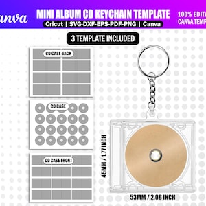 May include: A clear plastic mini album CD keychain template with a gold CD inside. The keychain is 2.08 inches wide and 1.77 inches tall. The image also shows three CD case templates. Text on the image includes "Canva" and "Mini Album CD Keychain Template".